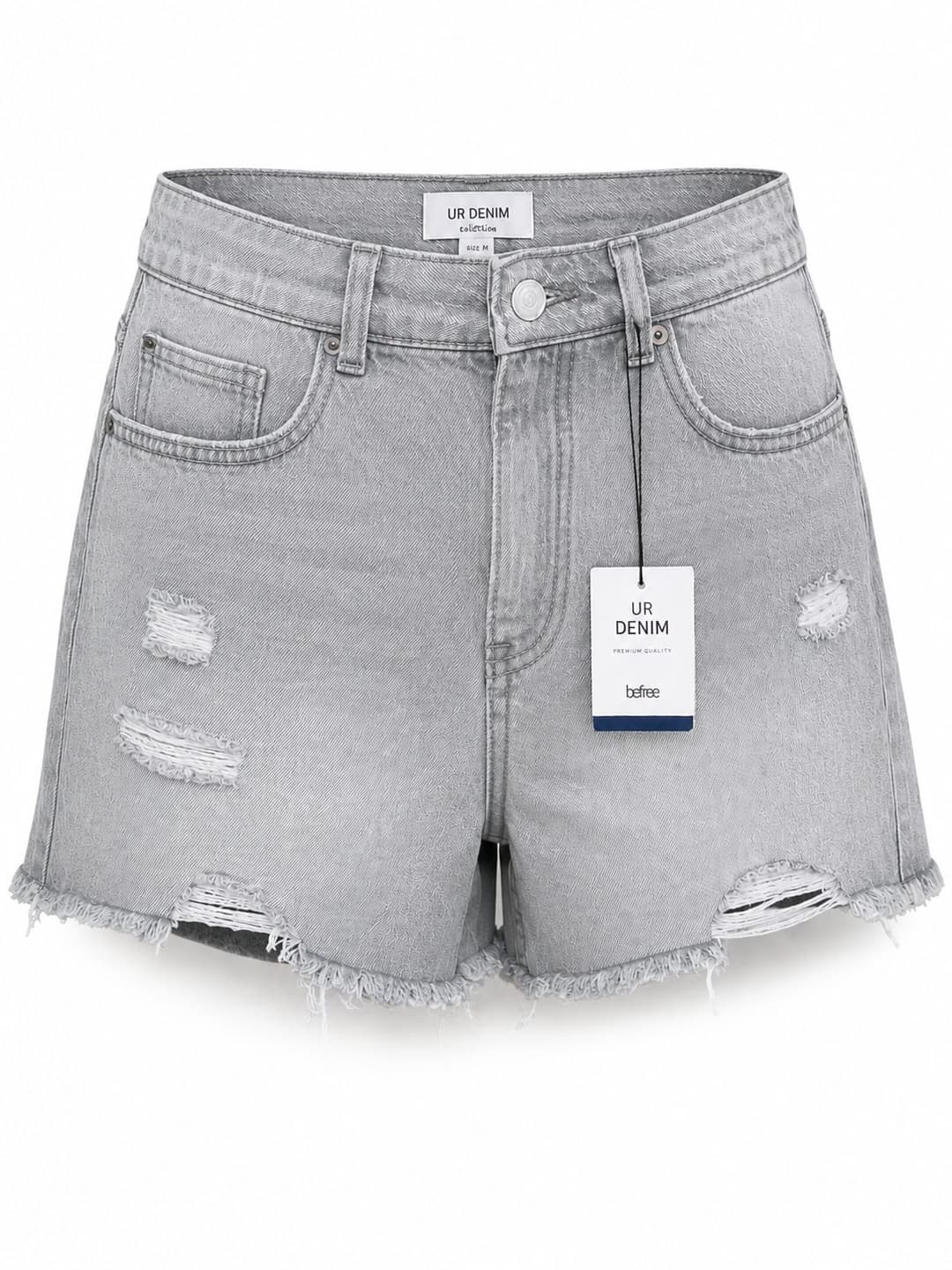 Women’s Ash Grey High-Waisted Distressed Denim Shorts with Frayed Hem.