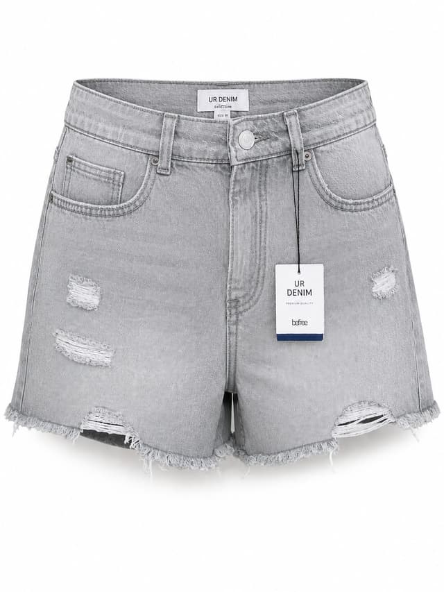Women’s Ash Grey High-Waisted Distressed Denim Shorts with Frayed Hem.